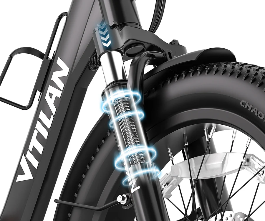 Nahaufnahme einer schwarzen E-Bike-Federgabel mit blauen Schockwellen-Effekten.