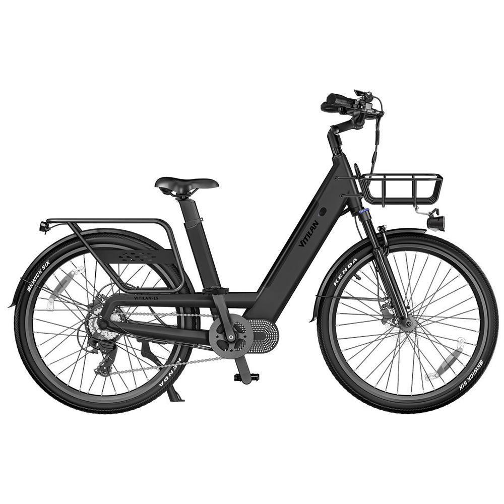 Schwarzes E-Bike mit Gepäckträger vorne und hinten, weißer Hintergrund.