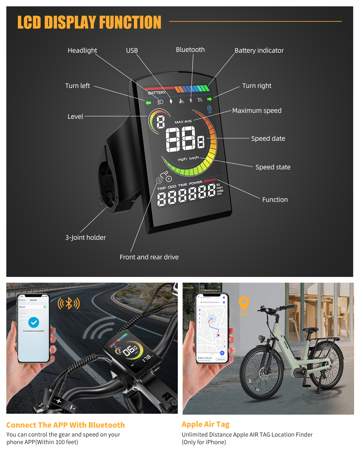 E-Bike-Display mit Bluetooth, Geschwindigkeit, Akku und Trip-Infos. Zeigt auch App-Verbindung und Apple Air Tag zur Ortung.