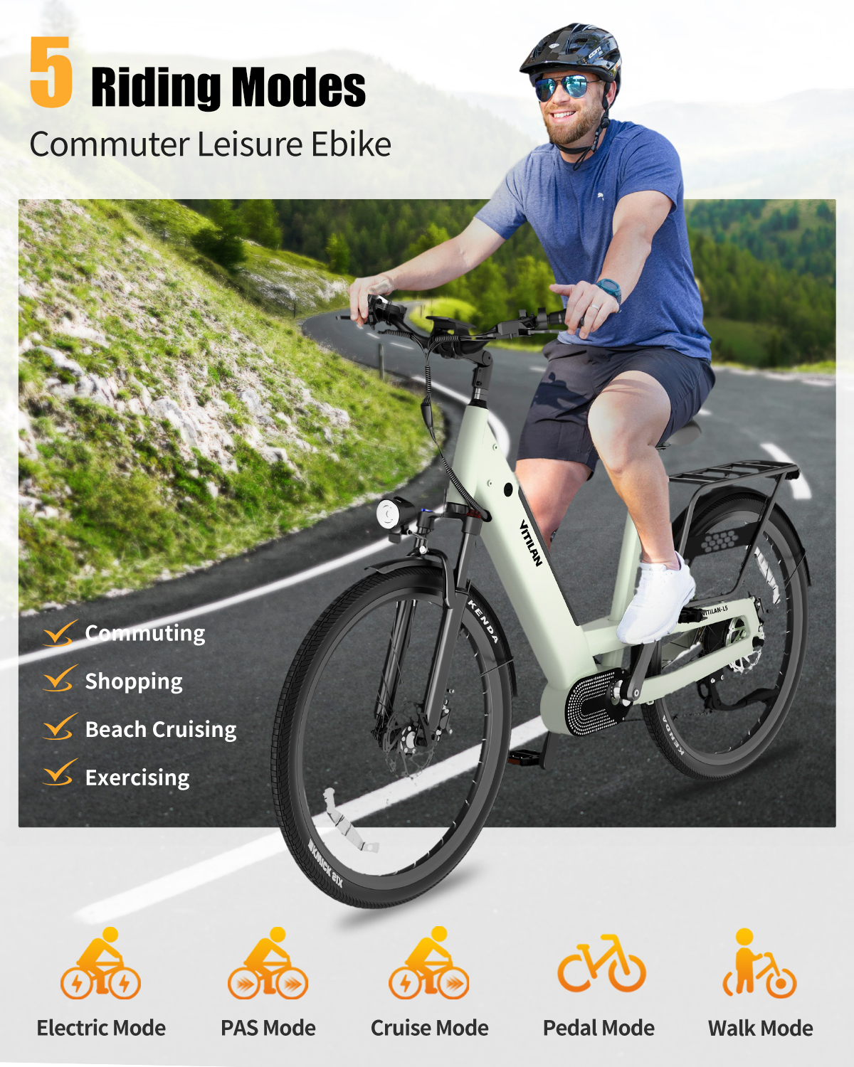 Mann fährt ein hellgrünes E-Bike auf einer kurvigen Straße im Grünen.