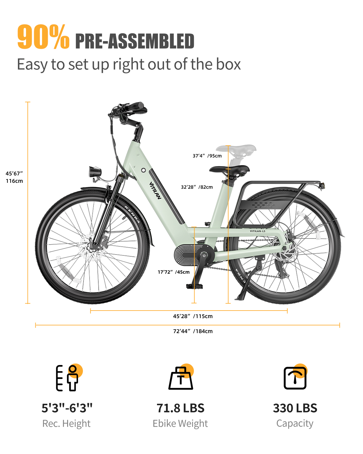 Eine hellgrüne E-Bike-Seitenansicht mit Maßen und Gewichtsangaben.
