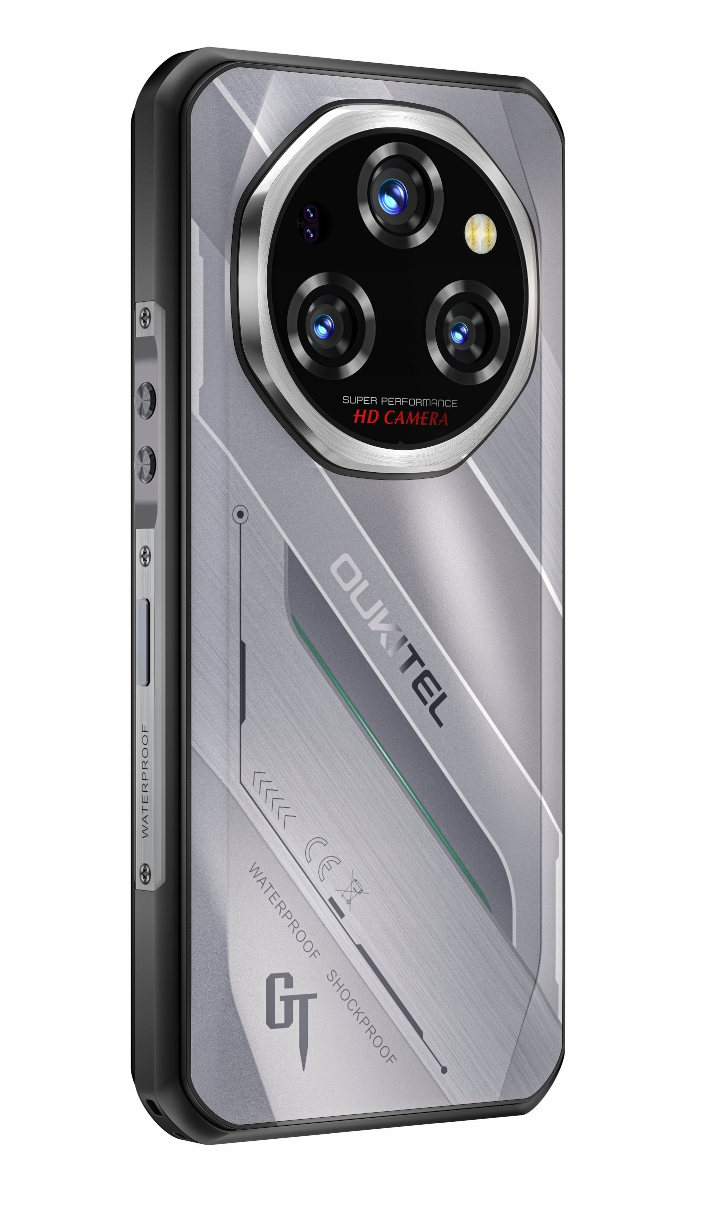 Smartphone grigio con tre fotocamere, accenti argentati e logo 'OUKITEL'.