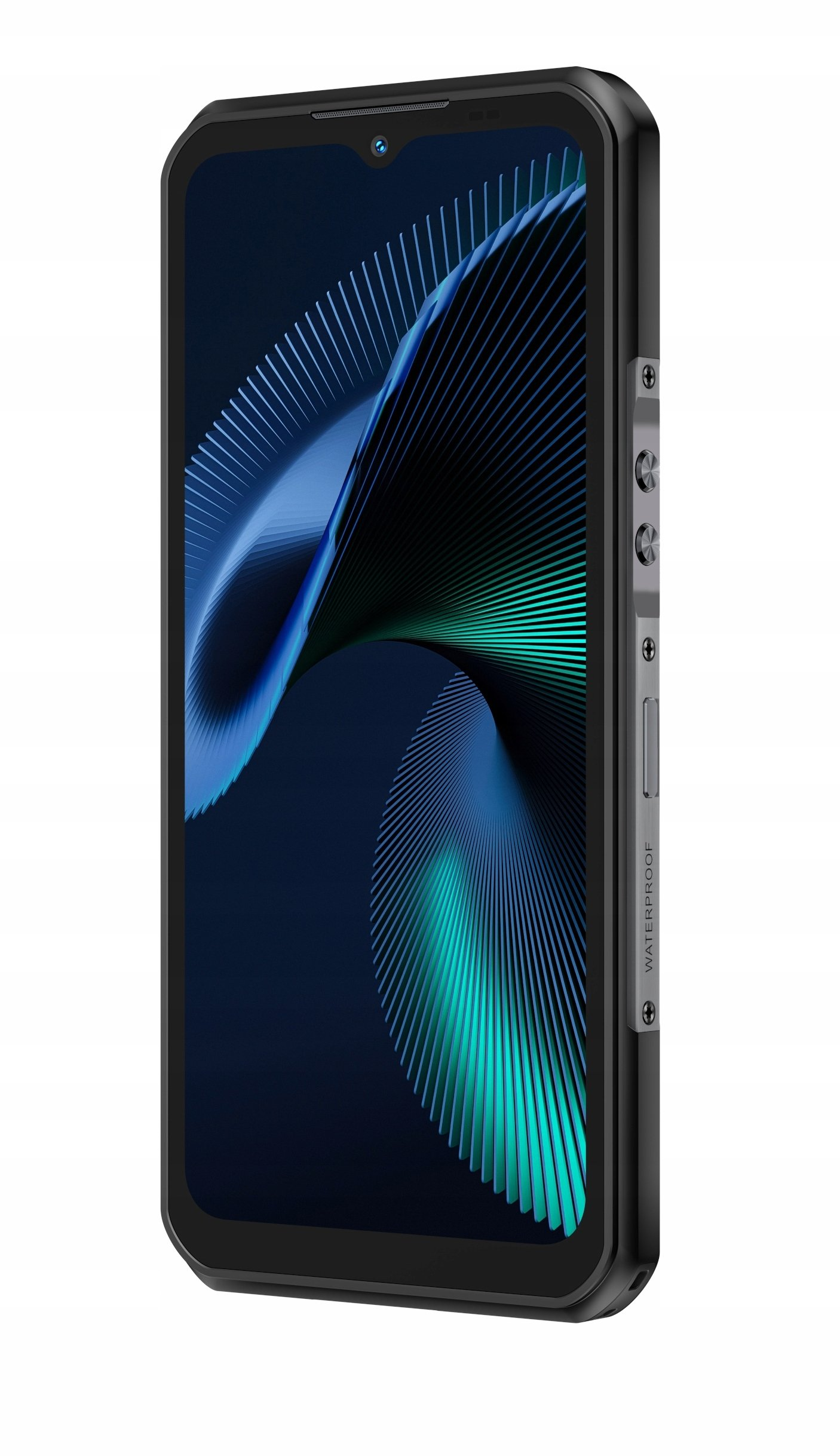 Uno smartphone robusto con scocca nera, mostra uno sfondo scuro con linee blu e verdi.