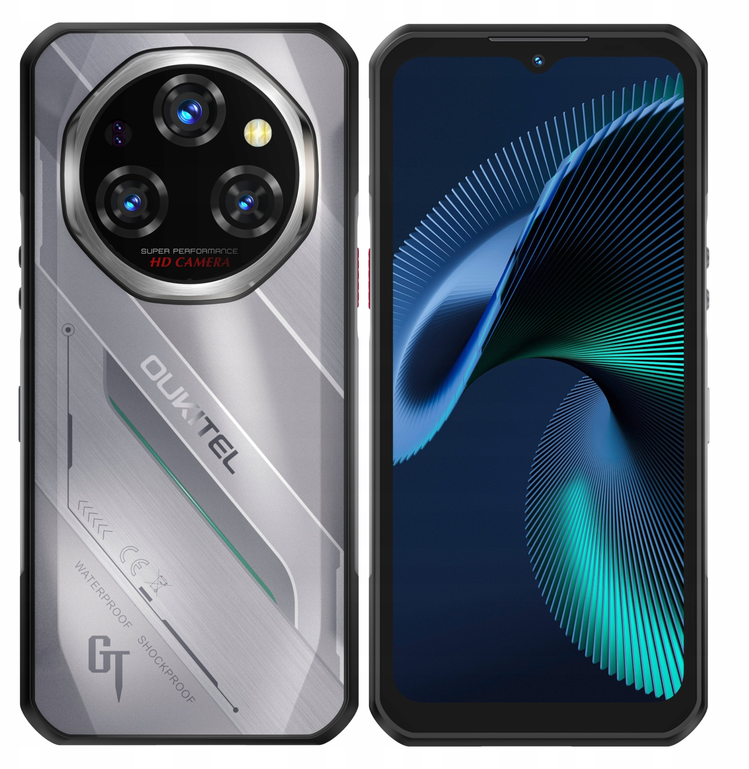Uno smartphone con retro argentato e grande array di fotocamere. A sinistra il retro, a destra il fronte con schermo.