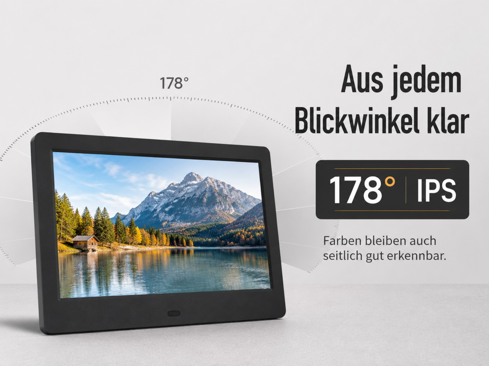 Ein Bildschirm zeigt eine Berglandschaft mit einem See. Text informiert über 178° Blickwinkel.