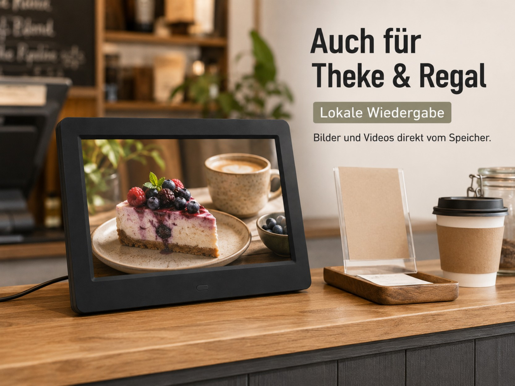 Ein digitaler Bilderrahmen zeigt ein Stück Kuchen mit Beeren. Daneben eine Kaffeetasse.