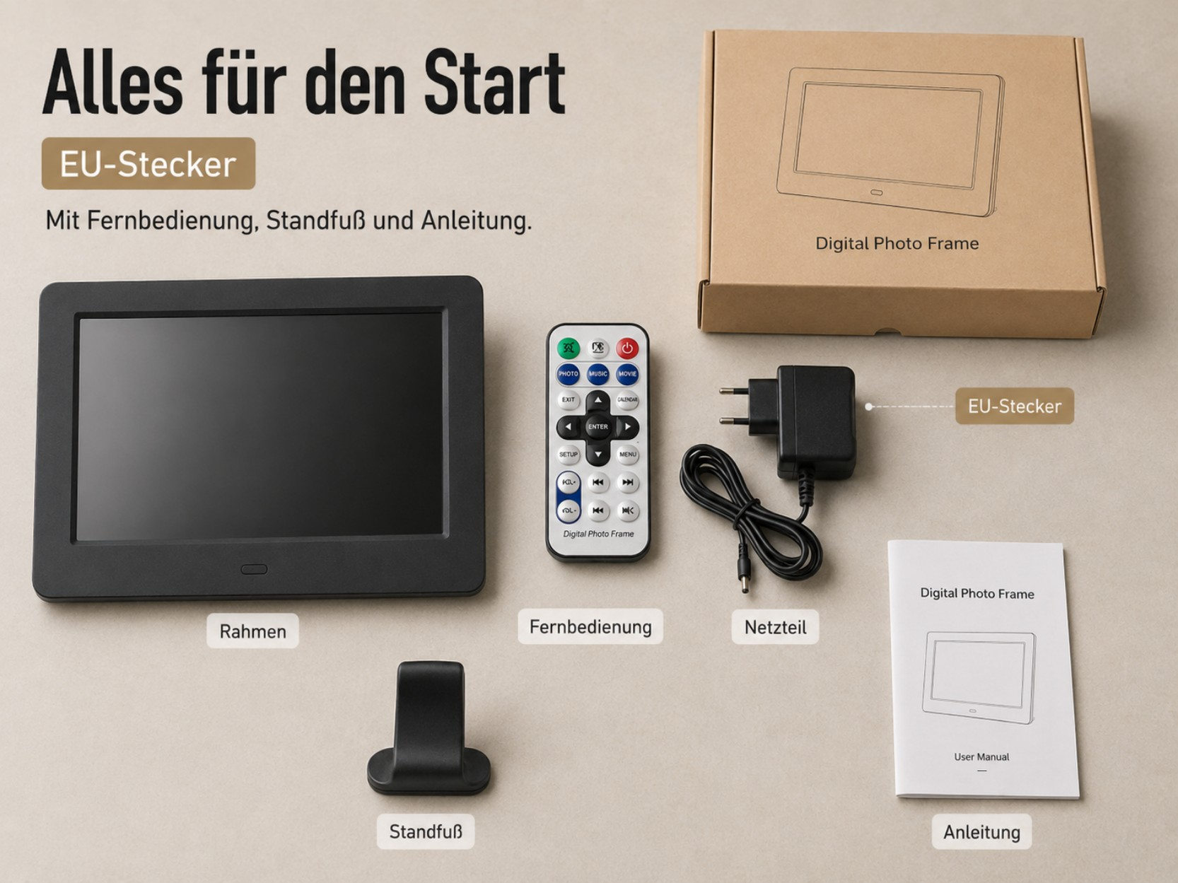 Digitaler Bilderrahmen mit Fernbedienung, Netzteil, Ständer und Anleitung.