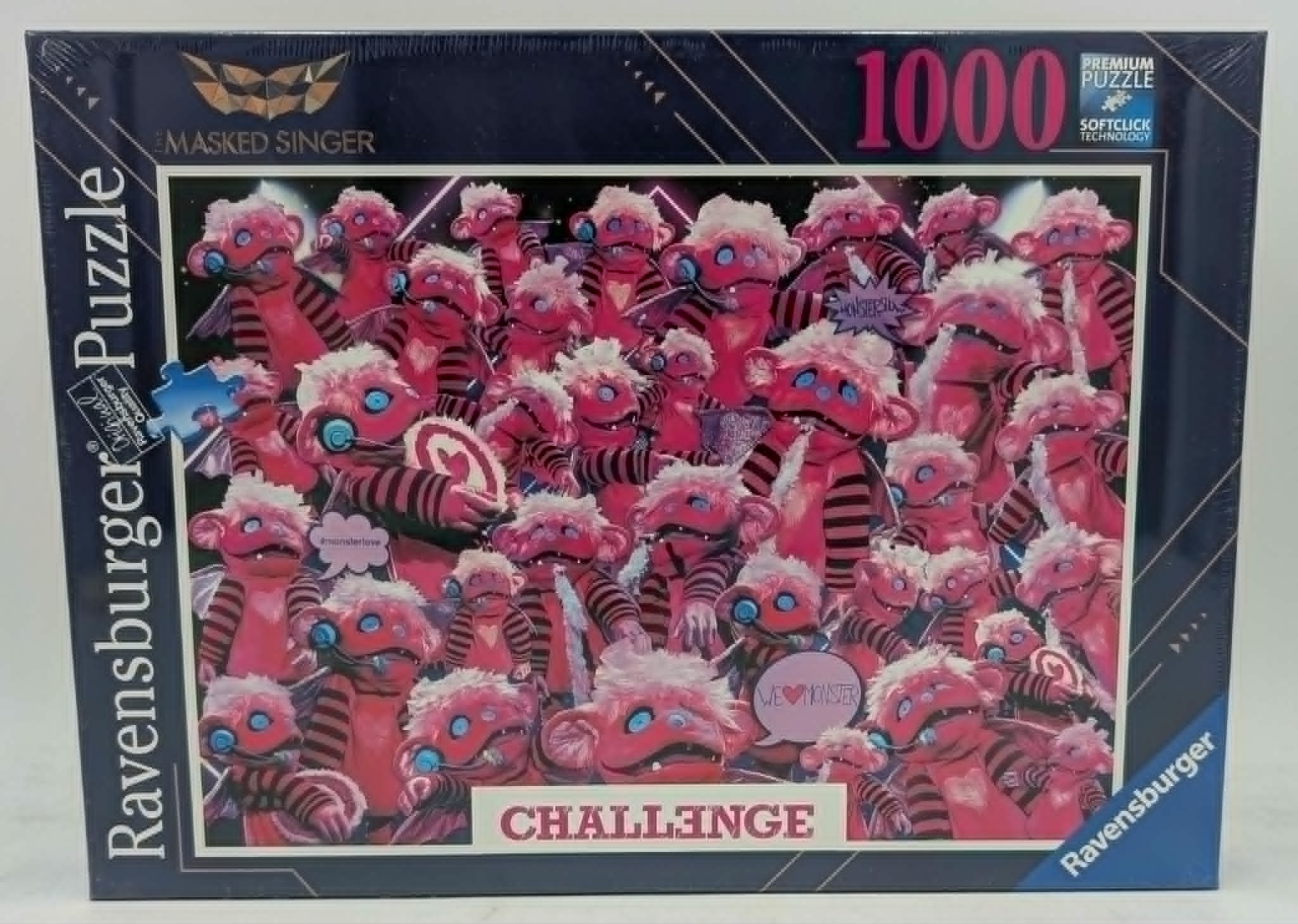 Verpackung eines 1000-Teile-Puzzles mit vielen pinken Monstern mit blauen Augen und gestreiften Körpern.
