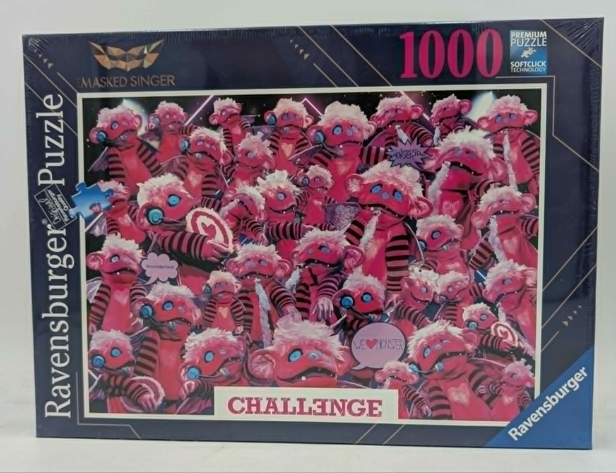 Puzzle-Verpackung mit vielen roten Monstern im Stil von The Masked Singer.
