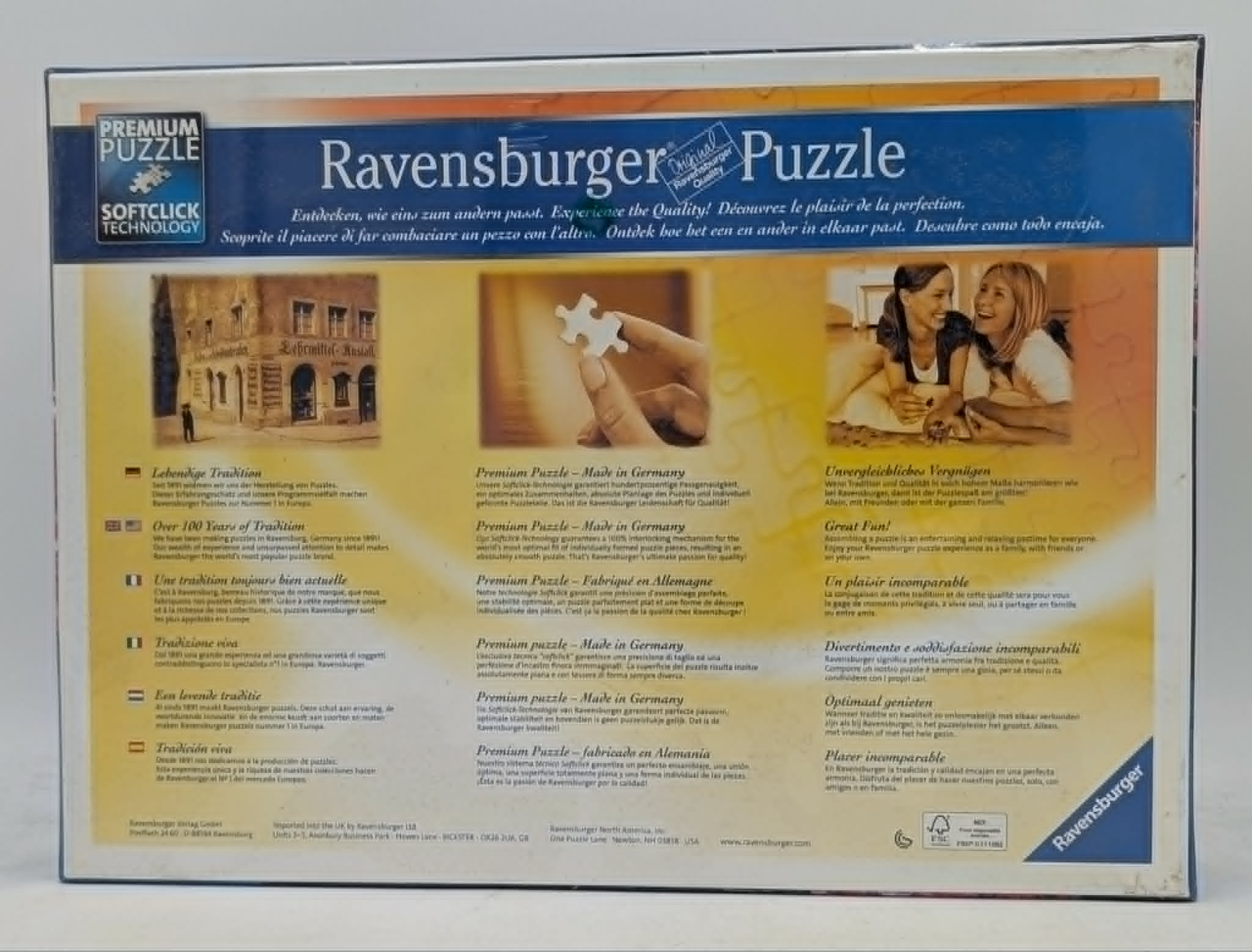 Ravensburger Puzzle-Verpackung mit Produktbildern und Texten in mehreren Sprachen.