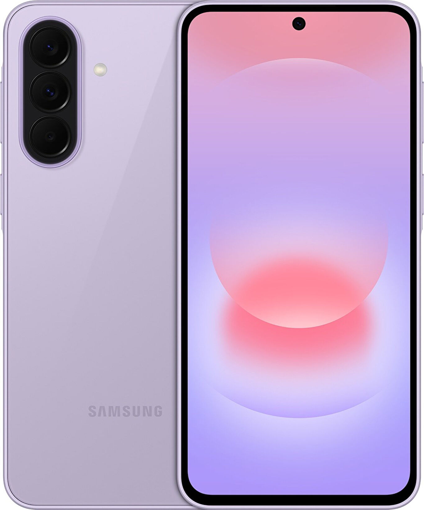 Üç arka kamerası ve renkli ekranı olan mor bir Samsung akıllı telefon.