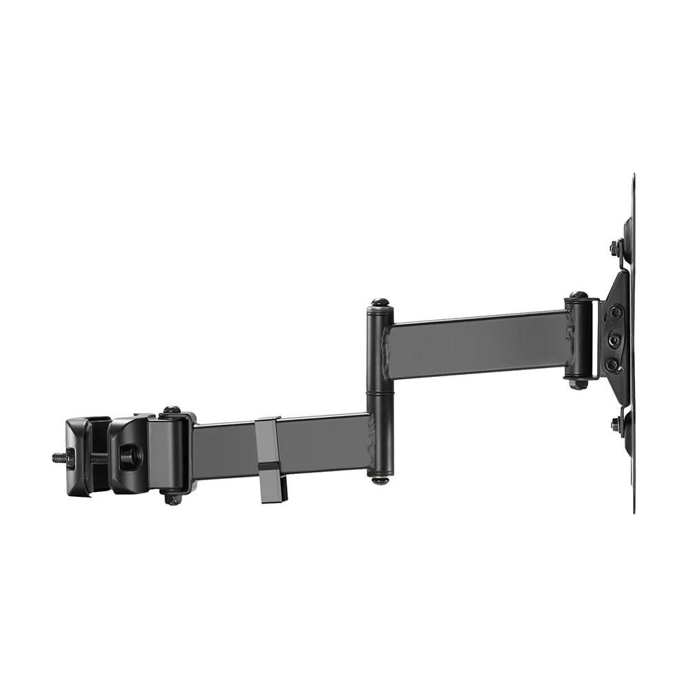 Un braccio per monitor nero e regolabile con base a morsetto e supporto a muro.