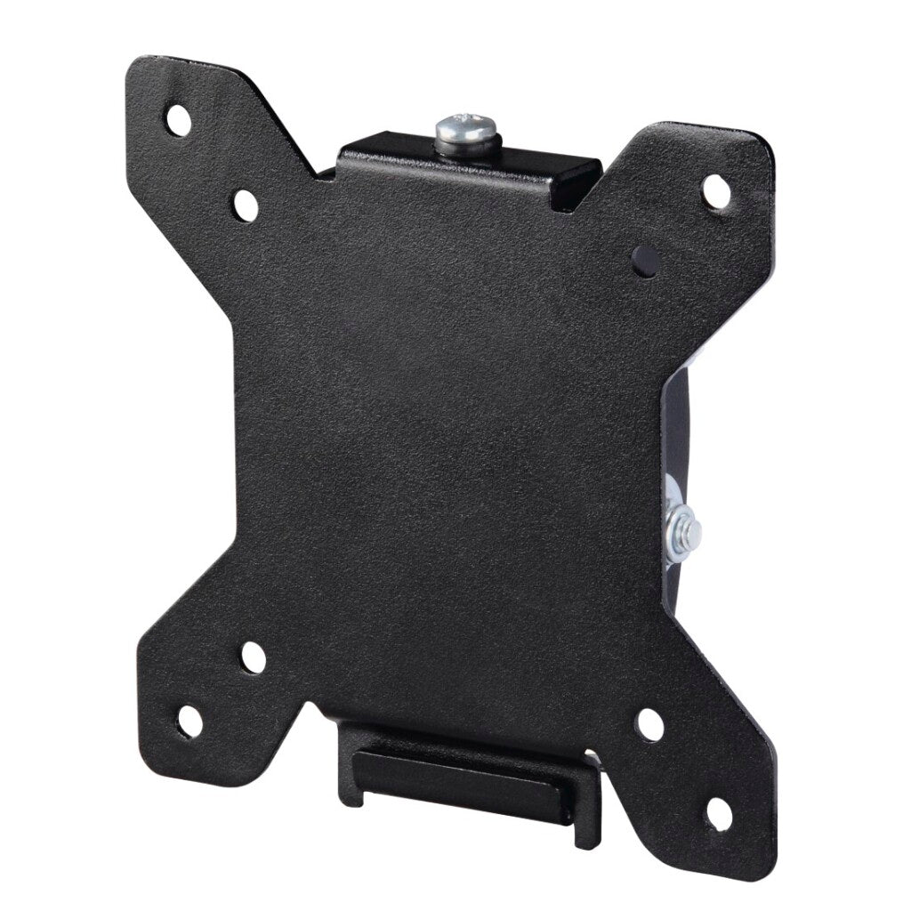 Supporto da parete nero con quattro fori di montaggio e una staffa inferiore.
