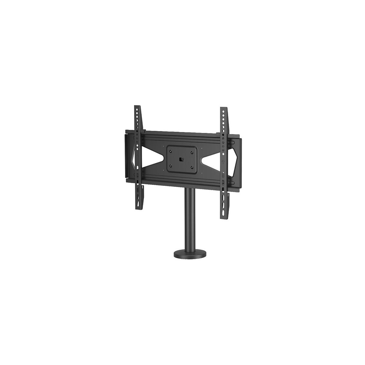Un supporto TV nero su una base rotonda.