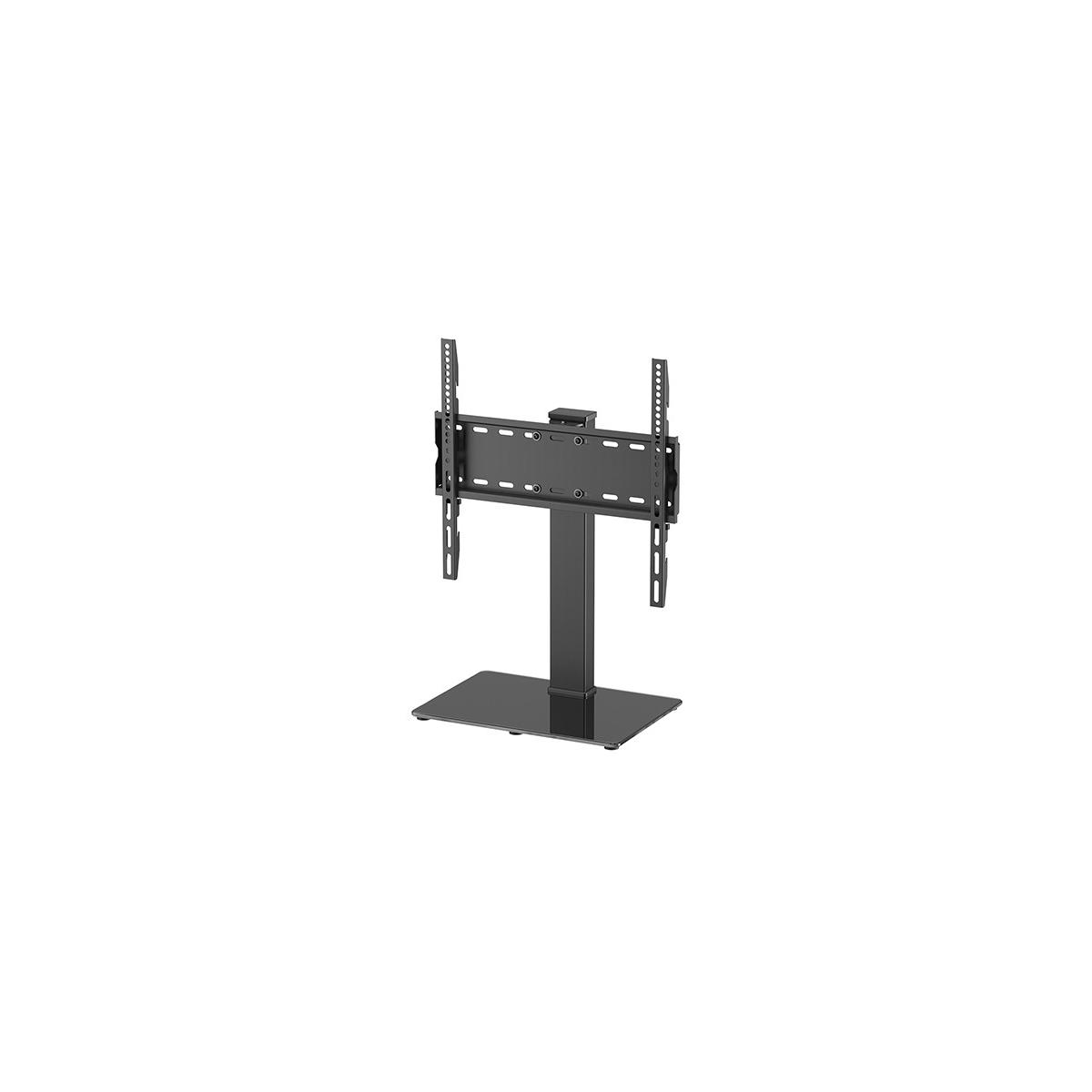 Supporto TV nero con base in vetro rettangolare e supporto regolabile.