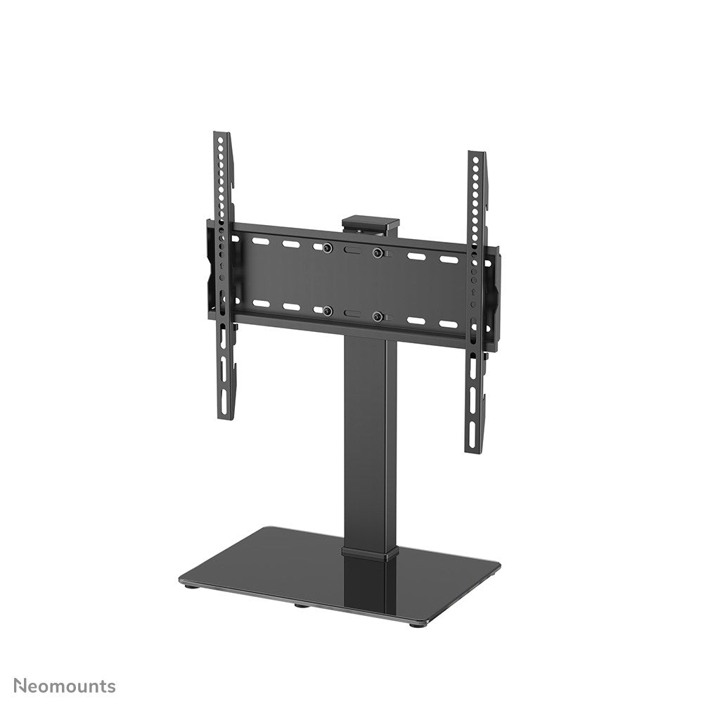 Supporto TV nero con base in vetro e staffe regolabili.