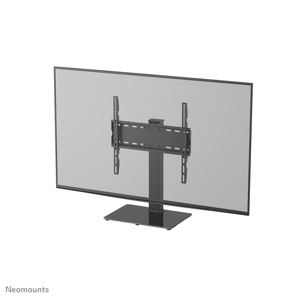 Un supporto TV nero con uno schermo TV trasparente montato.