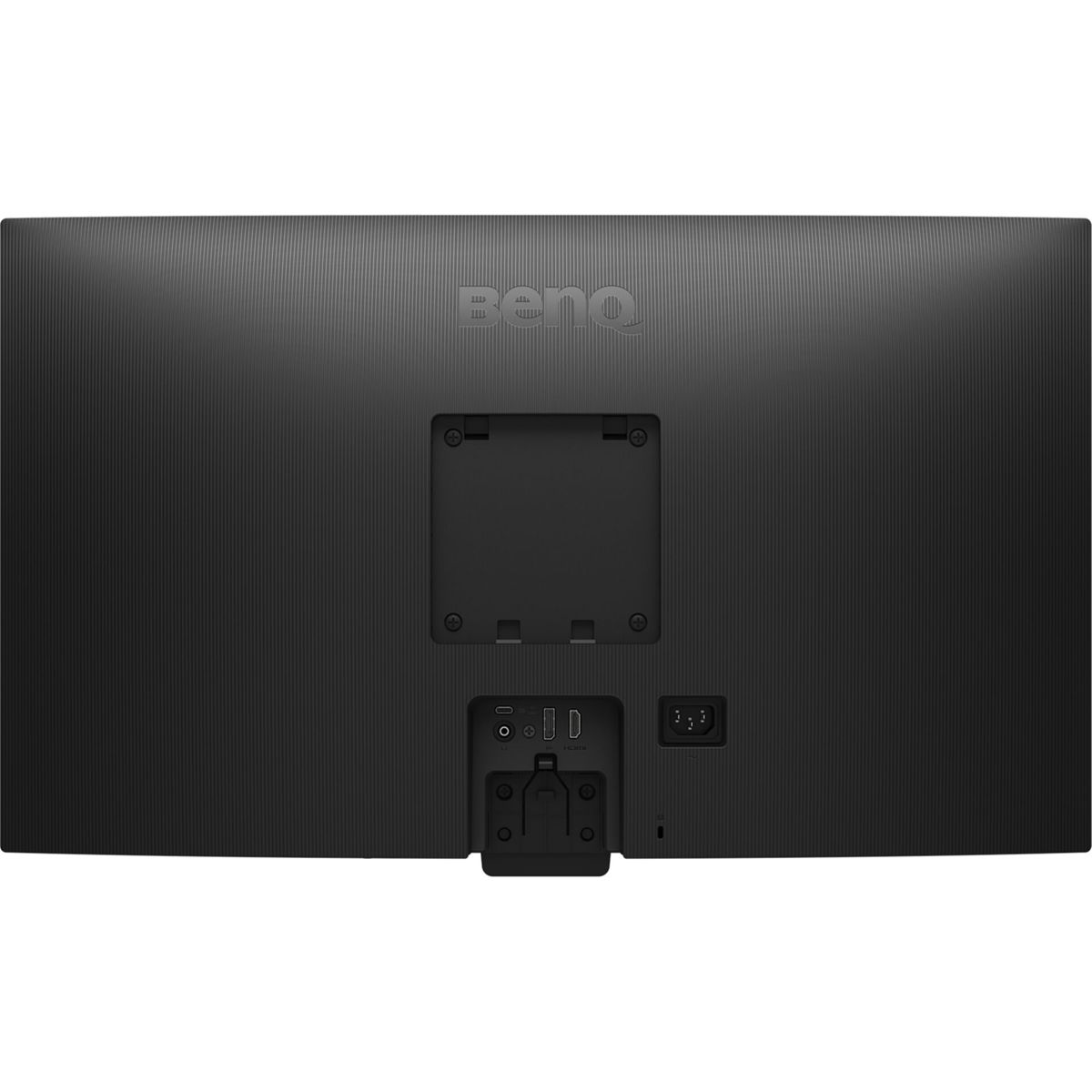BenQ logosu, bağlantı noktaları ve VESA yuvası olan siyah monitörün arkası.