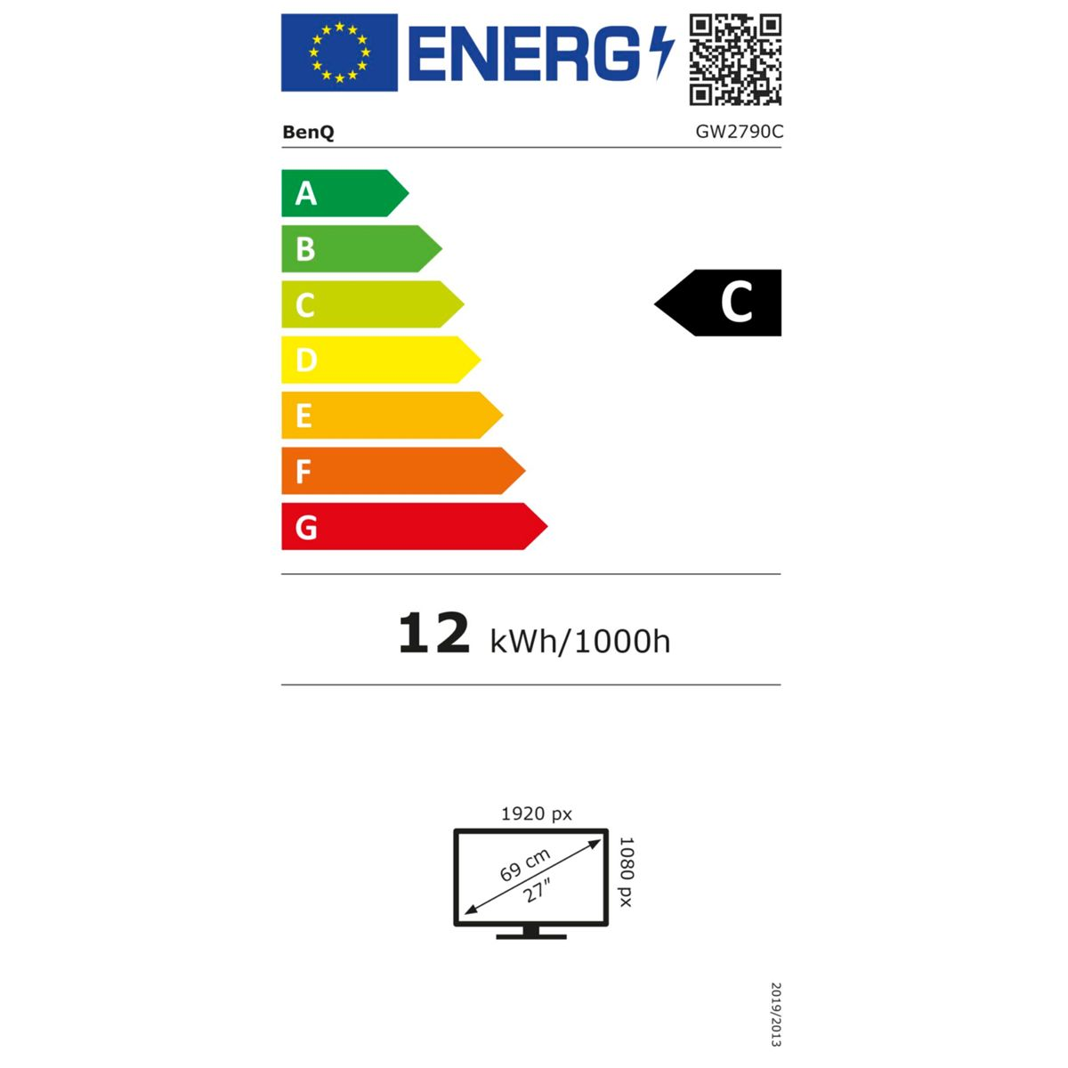 BenQ logolu enerji etiketi, A-G ölçeği ve 12 kWh/1000 saat tüketim.