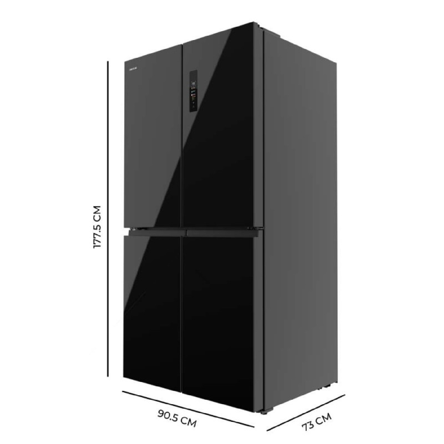 Refrigerador negro de cuatro puertas, medidas 177,5x90,5x73 cm.