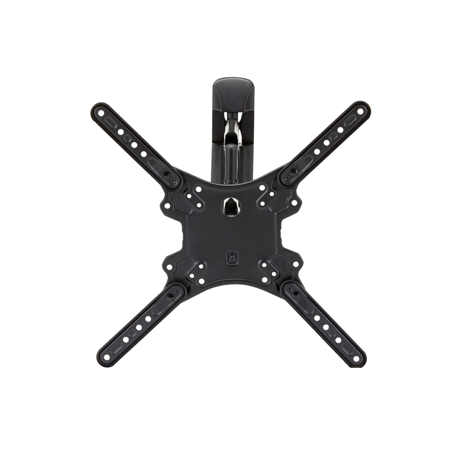 Supporto da parete TV nero con bracci estensibili e fori per viti multipli.