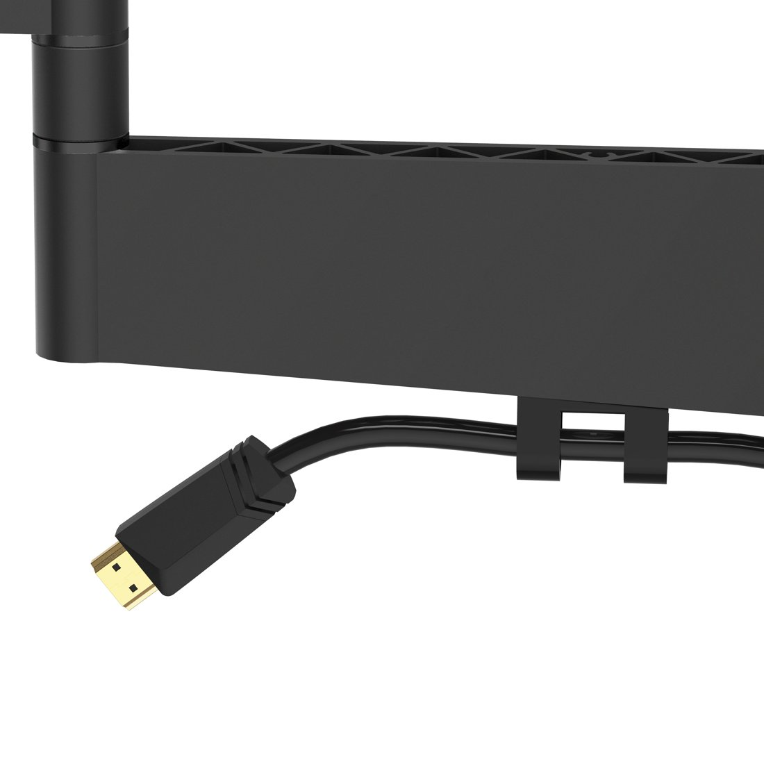 Czarna wtyczka i kabel HDMI podłączone do czarnego urządzenia.