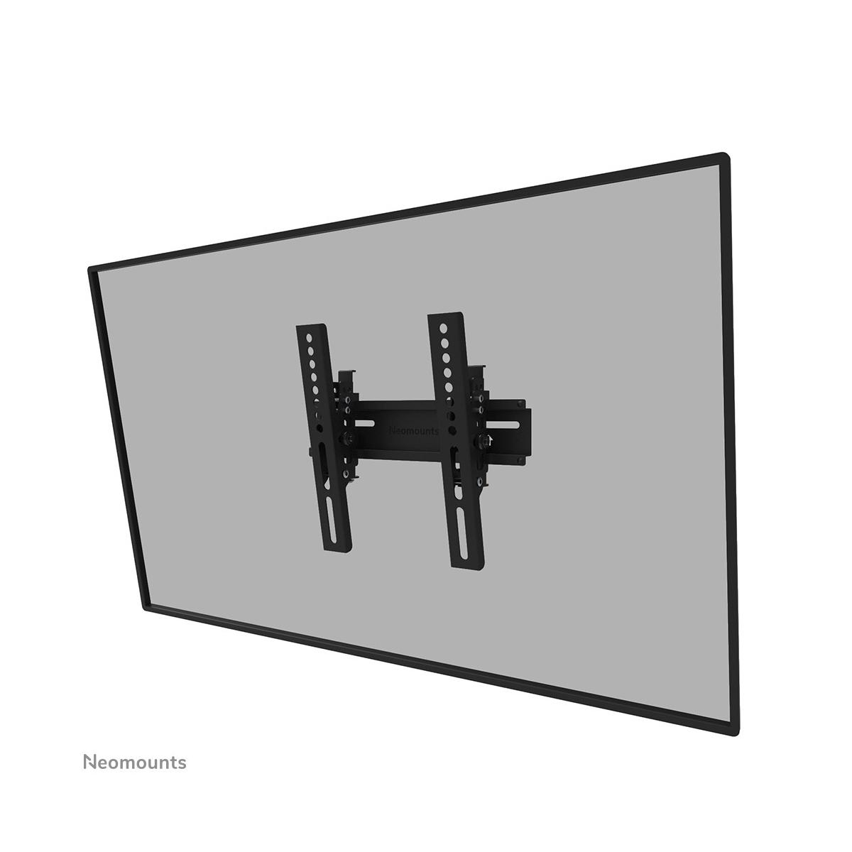 Un soporte de TV negro está fijado a una pantalla gris.