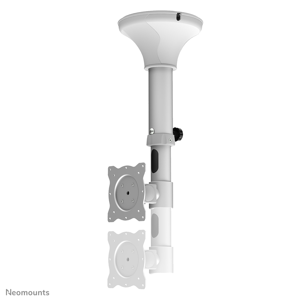 Un supporto da soffitto bianco per due monitor con palo regolabile.