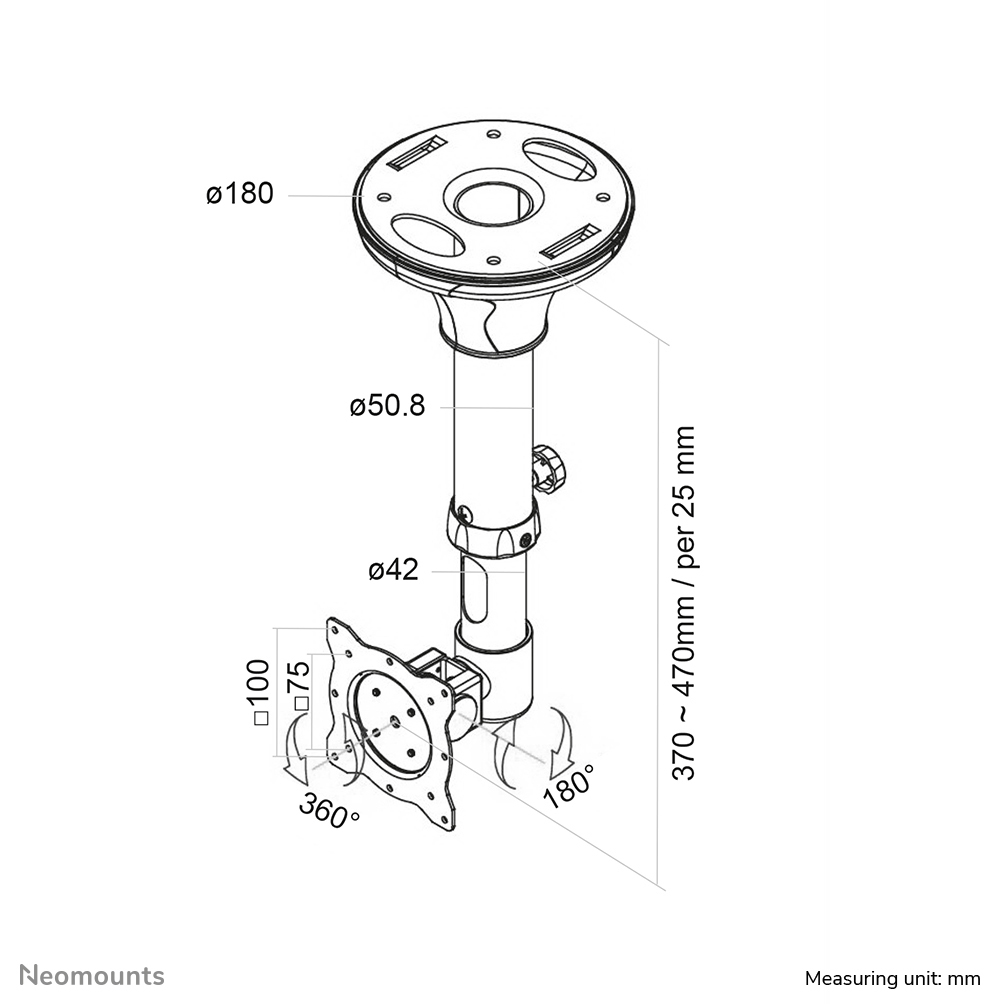 Disegno tecnico di un supporto da soffitto con dimensioni e intervalli di regolazione.