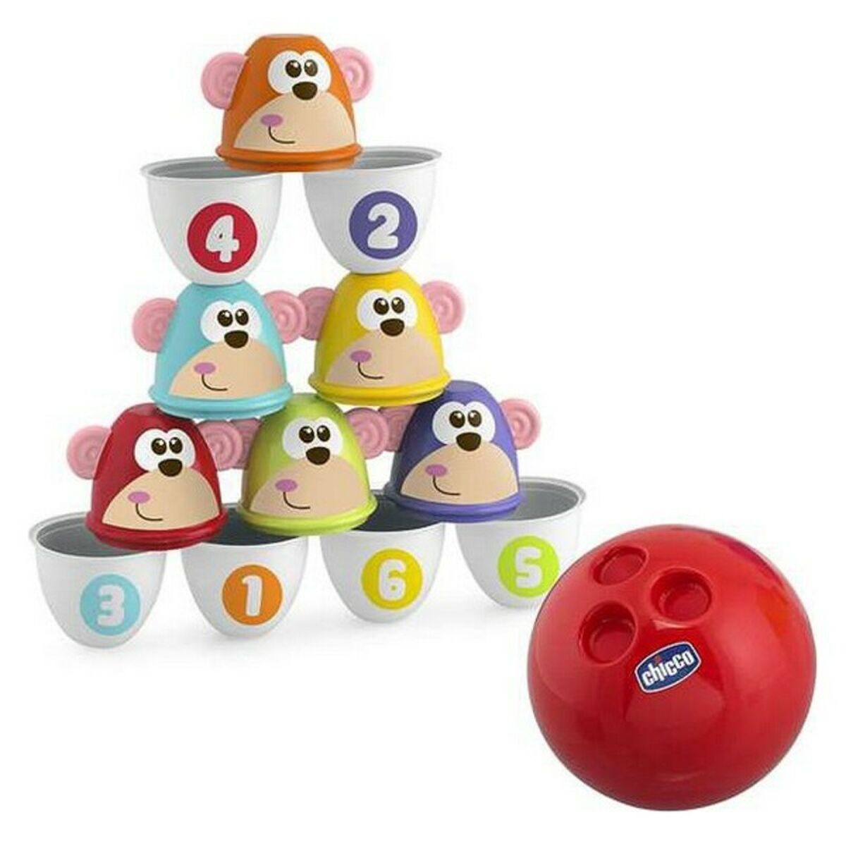 Gestapelte bunte Affenbecher mit Zahlen und ein roter Bowlingball.