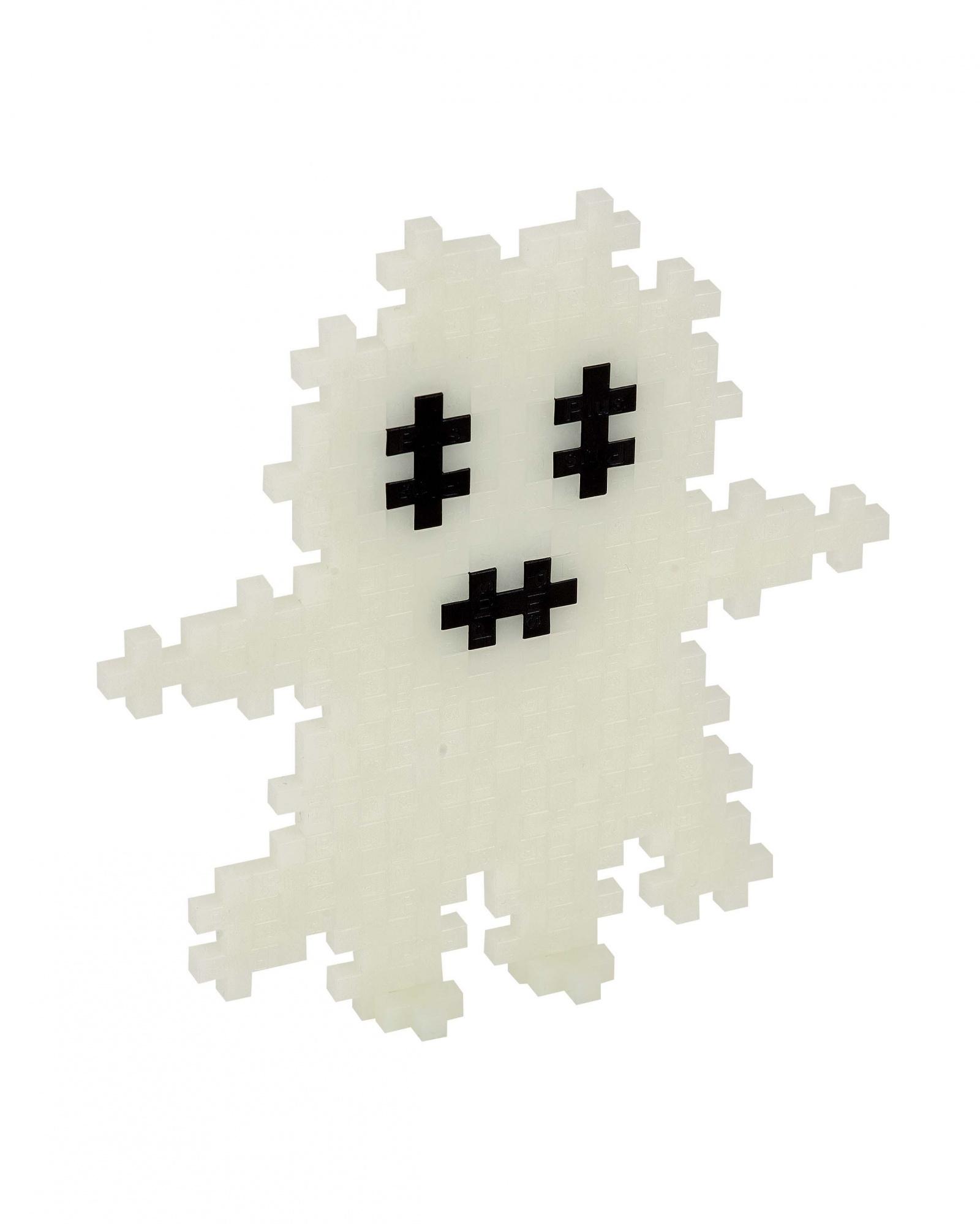 Ein weißer Geist aus Bausteinen mit schwarzen Augen und Mund.