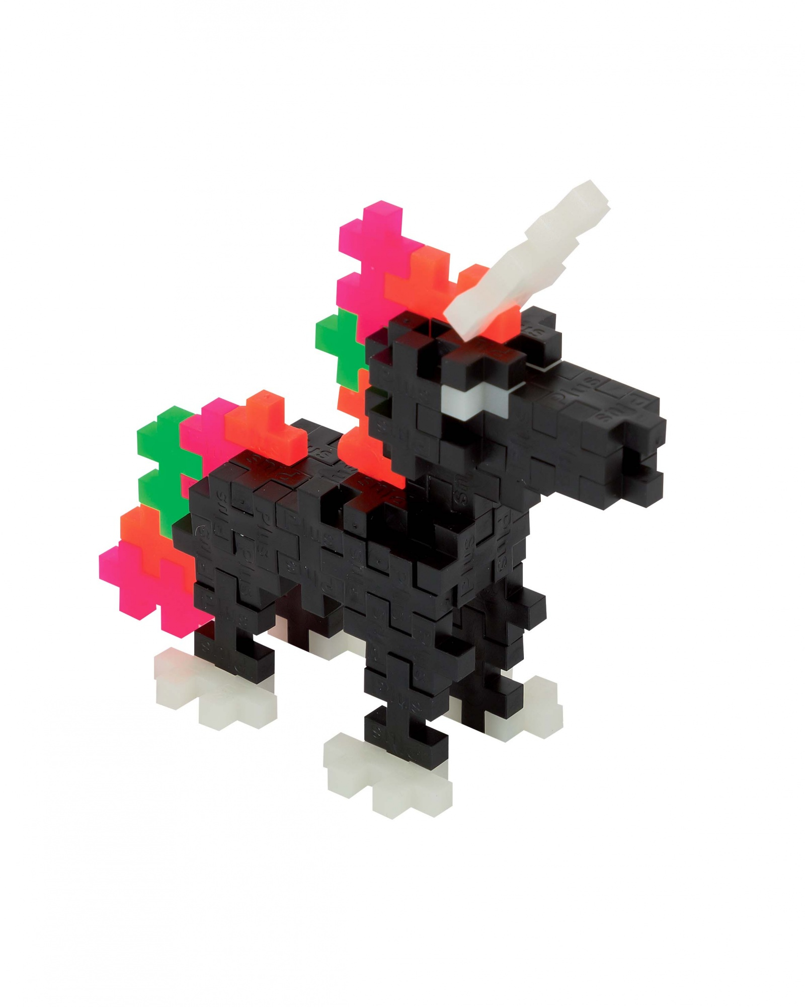 Ein schwarzer Einhorn-Bausatz mit bunten Akzenten und einem weißen Horn.
