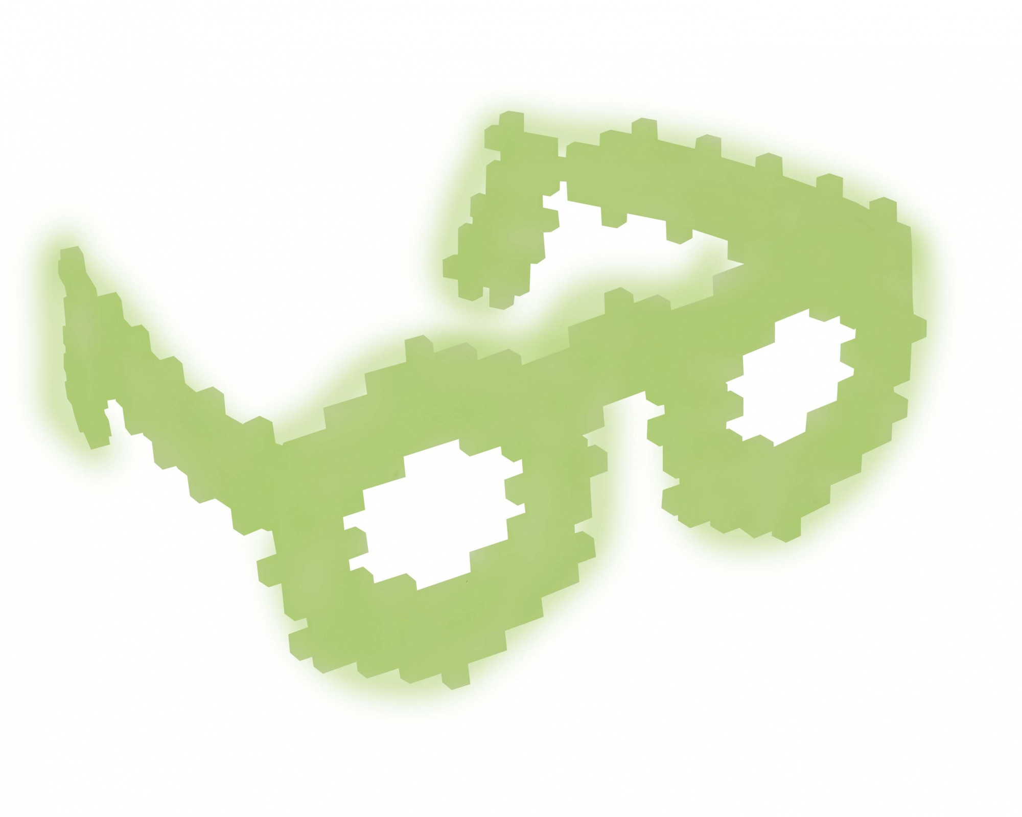 Grüne Pixelbrille mit Leuchteffekt auf weißem Hintergrund.