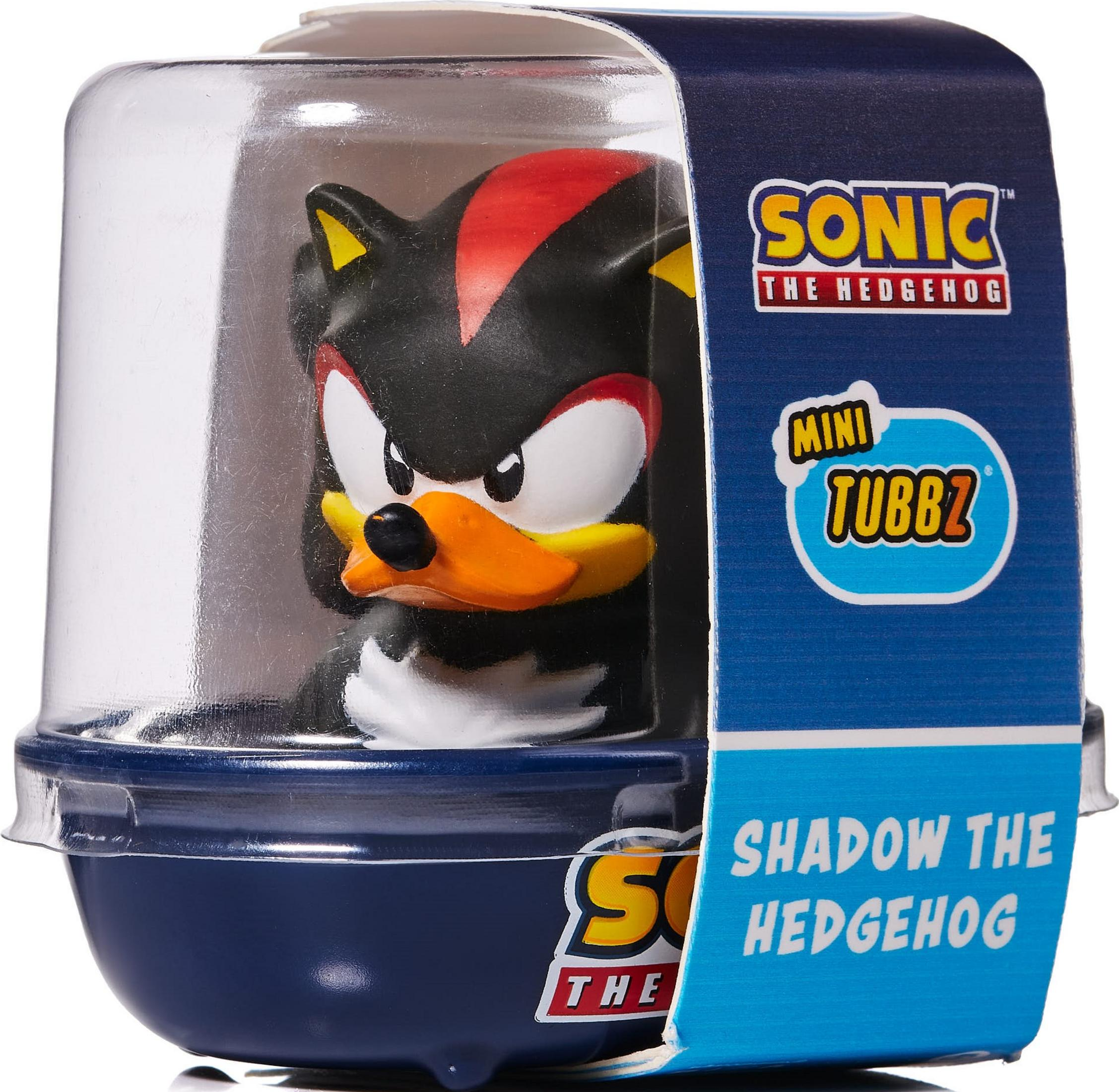 Shadow the Hedgehog TUBBZ-Sammlerstück in klarer Verpackung mit blauem Sockel.