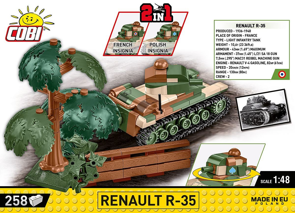 Ein grüner und brauner Spielzeugpanzer von COBI mit Bäumen und einem Holzzaun.