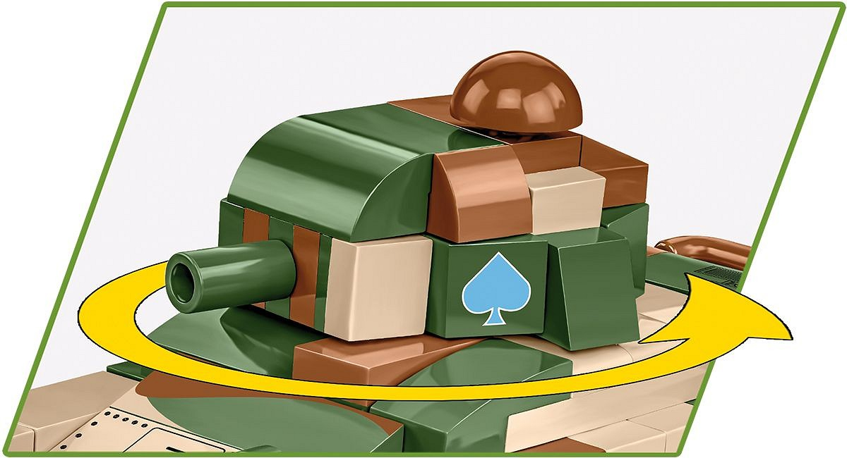 Grüner Spielzeugpanzer mit braunen und hellbeigen Akzenten, mit einem Pik-Symbol.