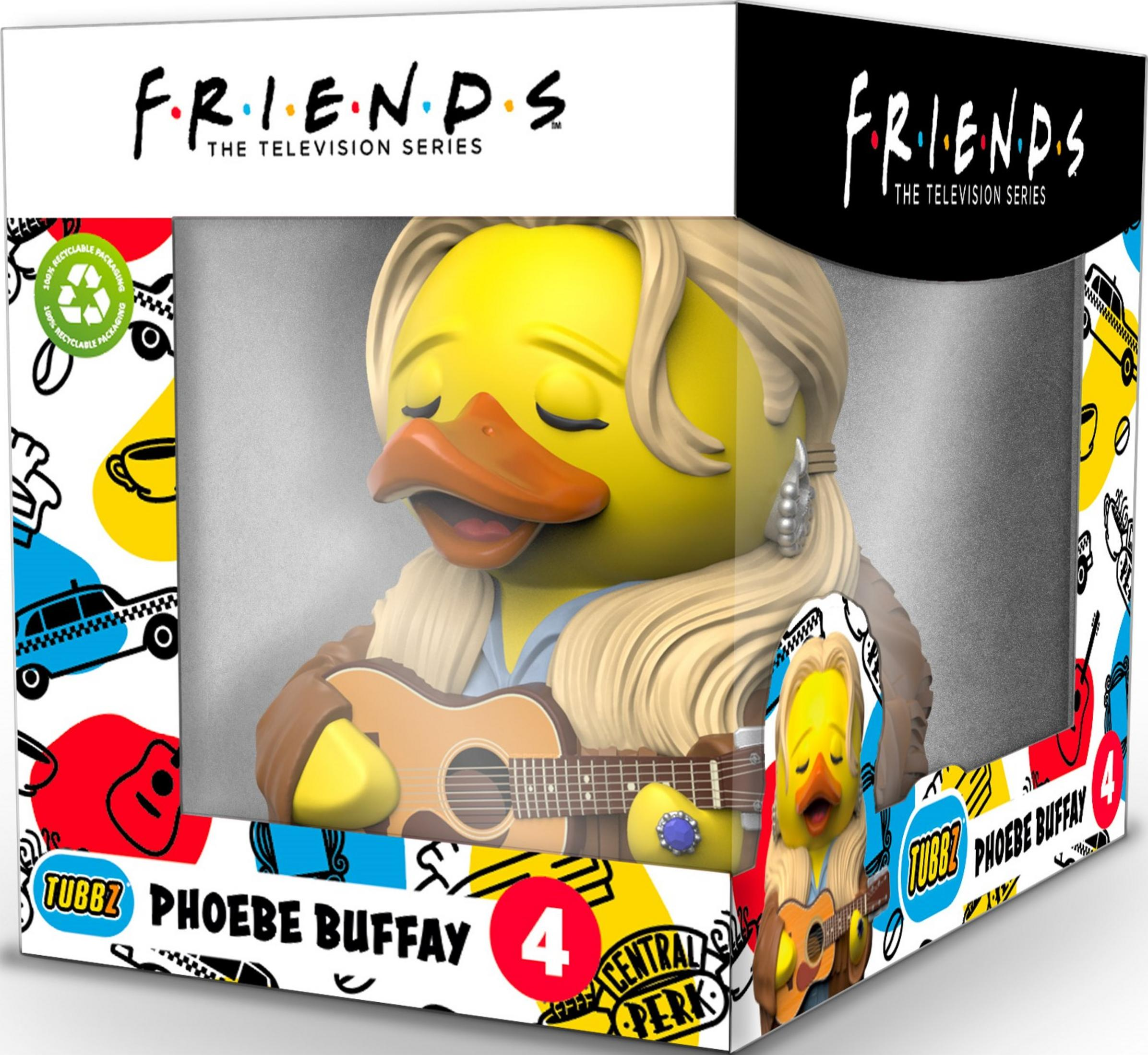 Eine gelbe Quietscheentchen-Figur als Phoebe Buffay mit Gitarre und "Friends"-Logo.