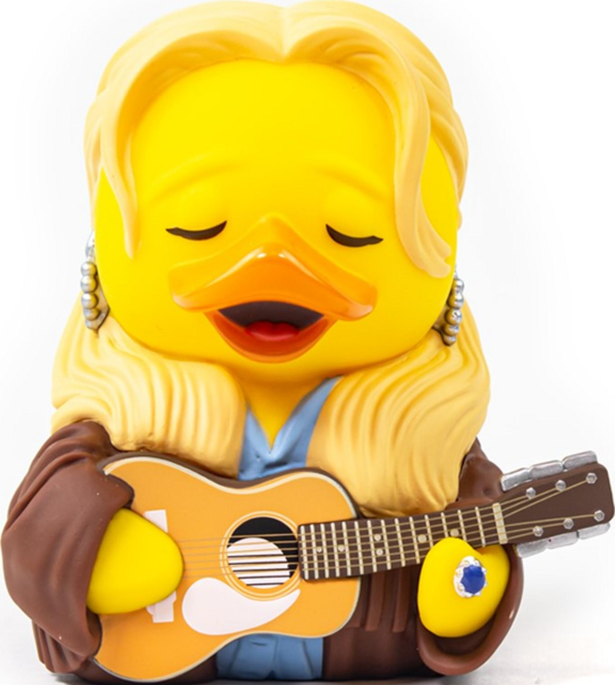 Eine gelbe Gummiente mit blondem Haar spielt Gitarre.