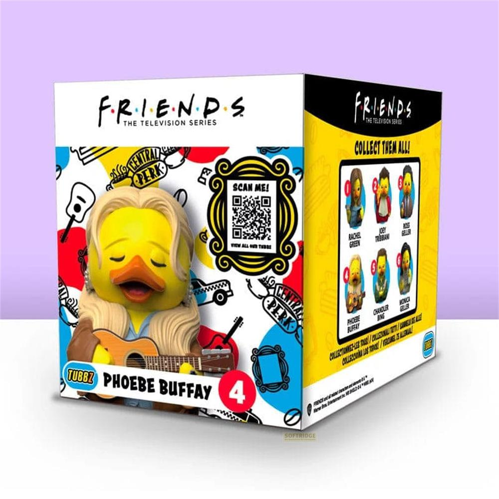 Eine Friends TV-Serien-Box mit einer Phoebe Buffay-Gummiente, die eine Gitarre hält.