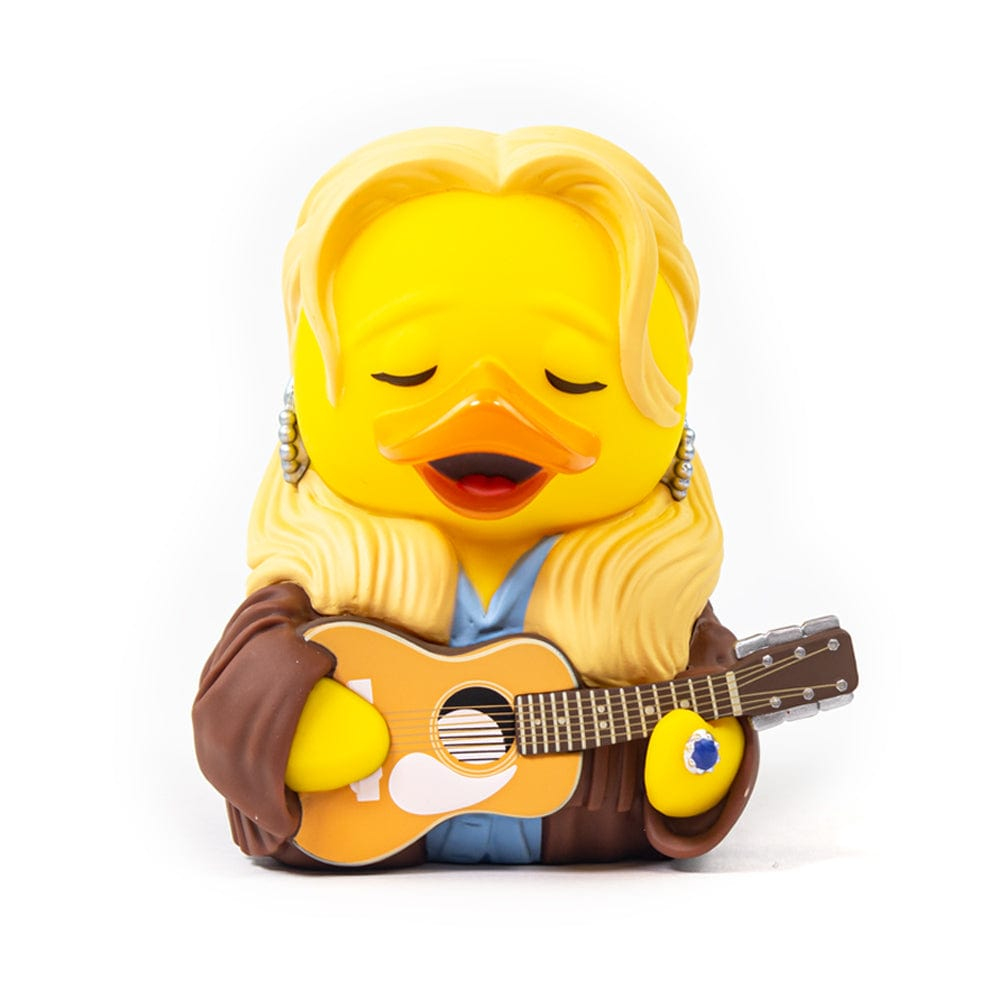 Gelbe Gummi-Ente mit blonden Haaren, die eine Gitarre spielt und eine braune Jacke trägt.
