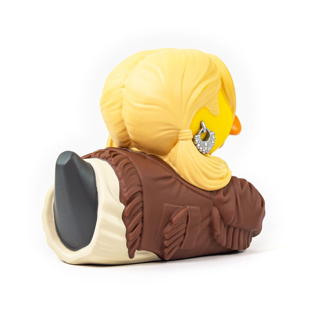 Gelbe Gummiente mit blondem Haar, Ohrring und brauner Weste.