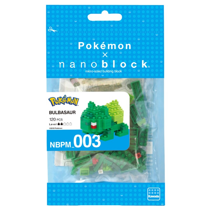 Confezione con kit di costruzione Nanoblock Pokémon per Bulbasaur, blocchi verdi.