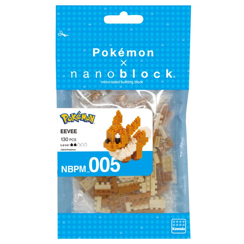 Confezione di un kit di costruzione Nanoblock Eevee con figura e blocchi.