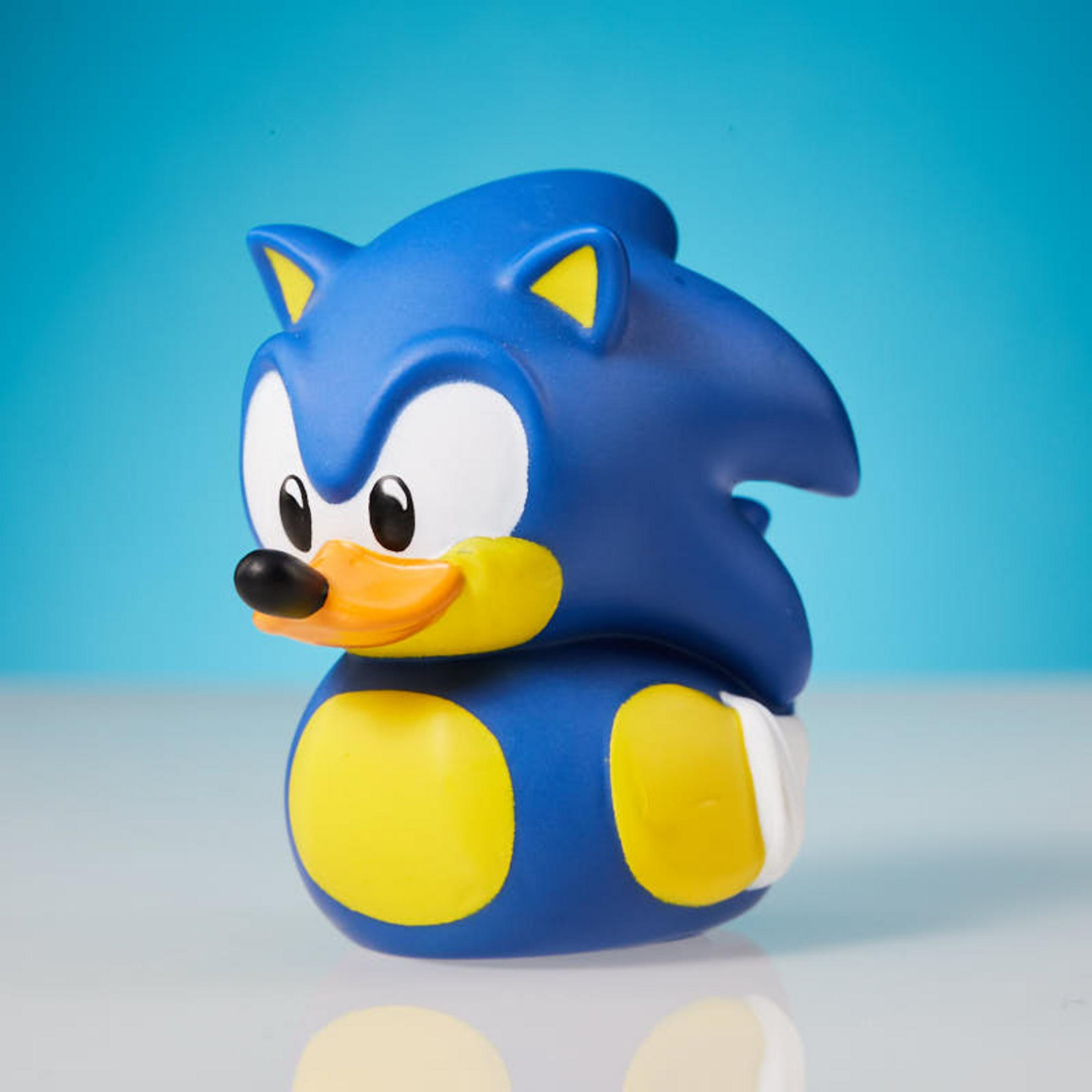 Eine blaue Sonic-Figur mit gelben Akzenten steht vor einem blauen Hintergrund.