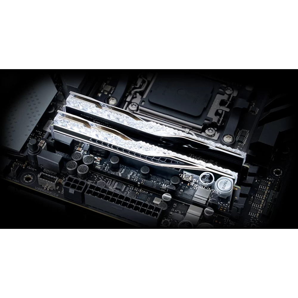 Due RAM illuminate su una scheda madre nera, primo piano.