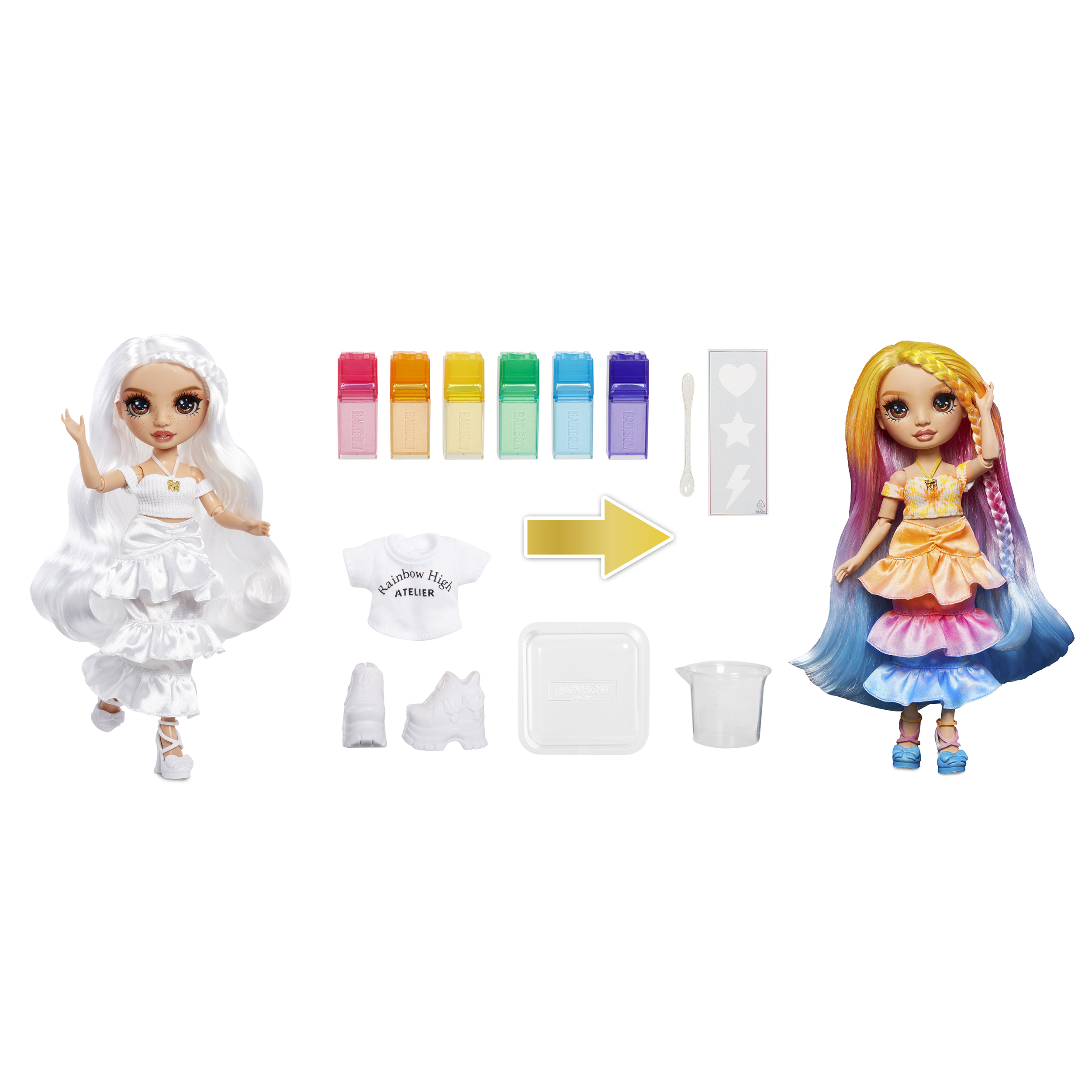 Zwei Rainbow High Puppen mit Zubehör: weiße und bunte Haare, Kleider, Schuhe, Farben.