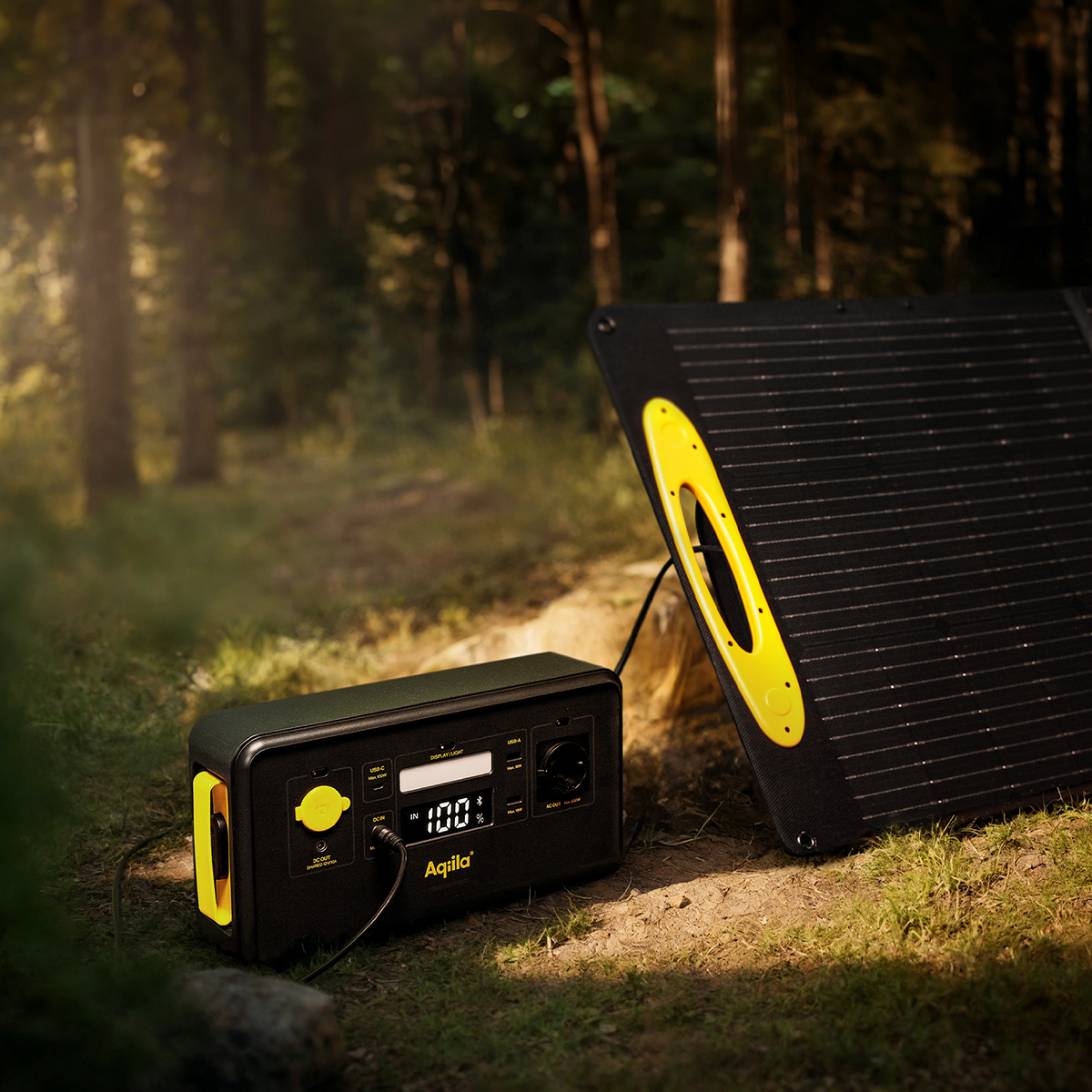 Eine schwarze tragbare Powerstation mit gelben Akzenten ist in einem Wald mit einem Solarpanel verbunden.