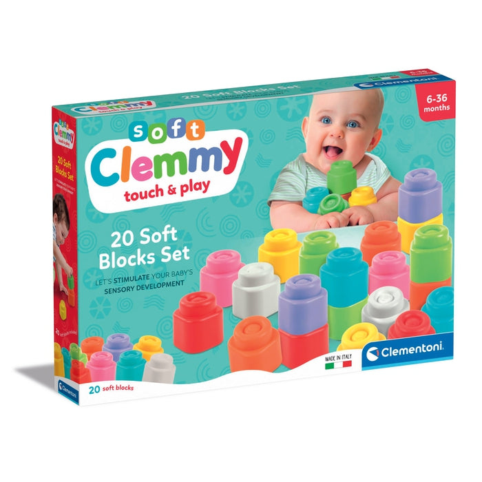 Verpackung für Clemmy Soft Blocks mit Baby und bunten Bausteinen.