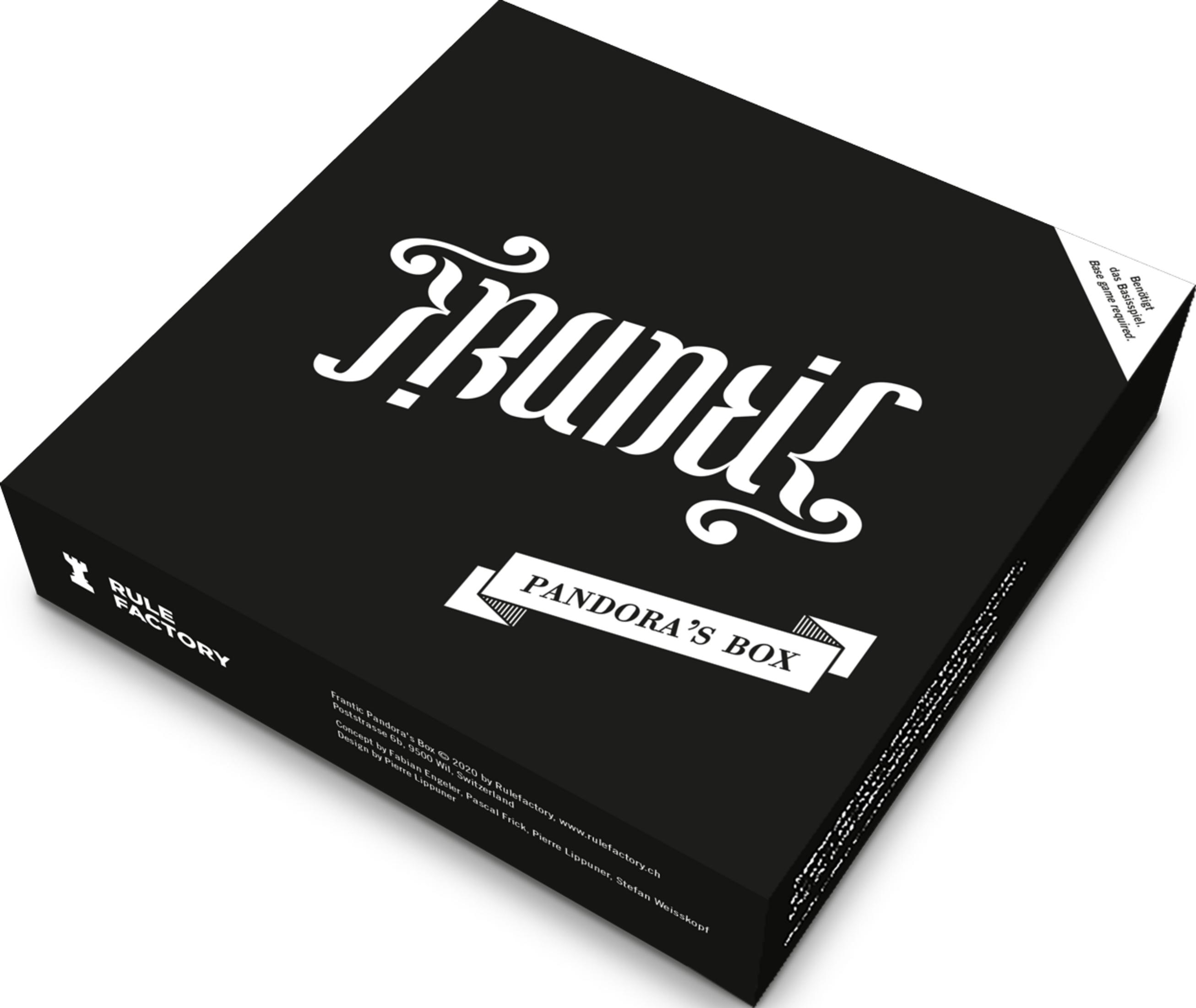 Scatola nera con testo bianco: Frantic, Pandora's Box, Rule Factory.