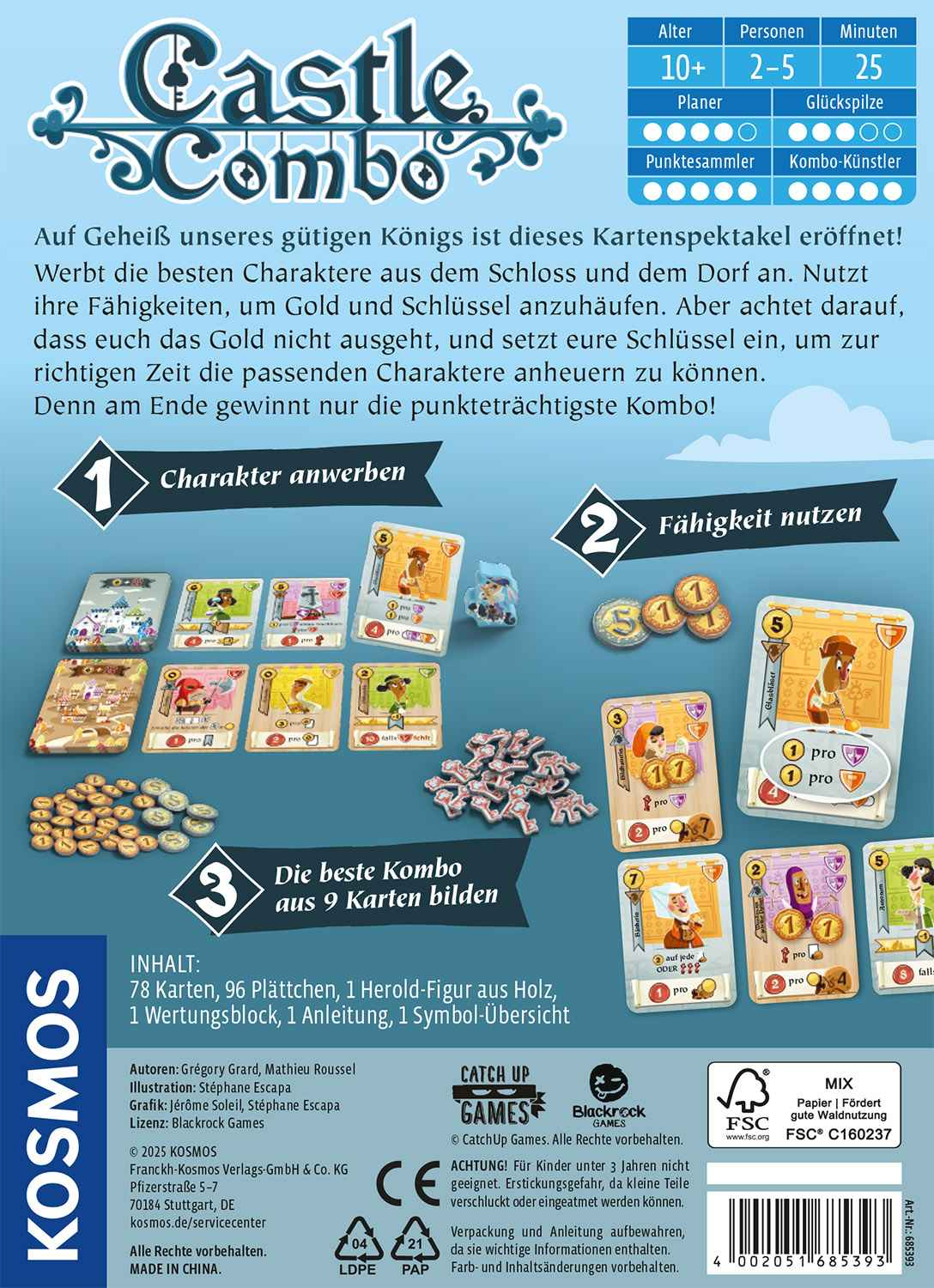Spielverpackung Castle Combo: Spielkarten, Münzen und Schlüssel.